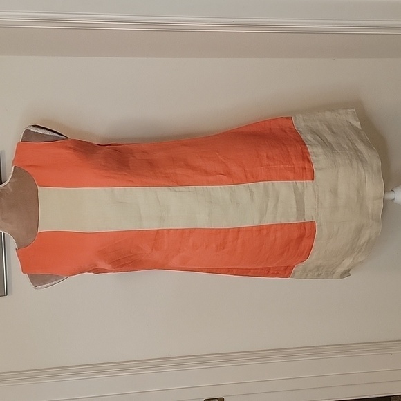 Kenar, Size 4, Coral and Natural Color 100% Linen Sheath Dress. Excellent Cond. - Picture 1 of 8